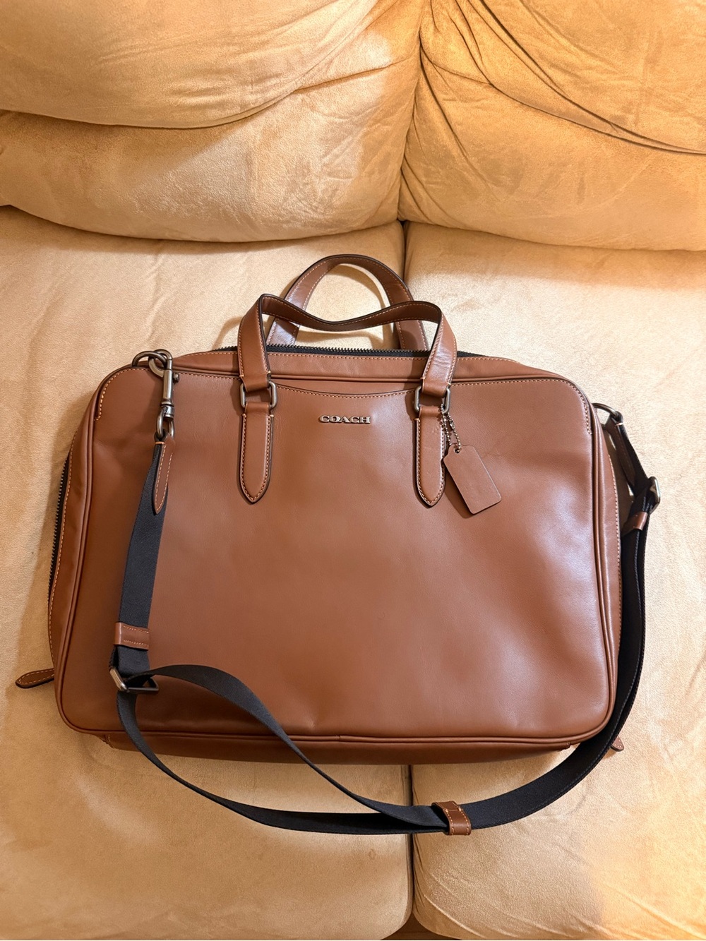 Coach Tan Leather Men’s Briefcase with Black Strap